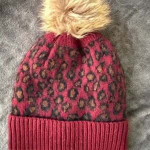 Women's Maroon Leopard Knit Beanie with Faux Fur Pom